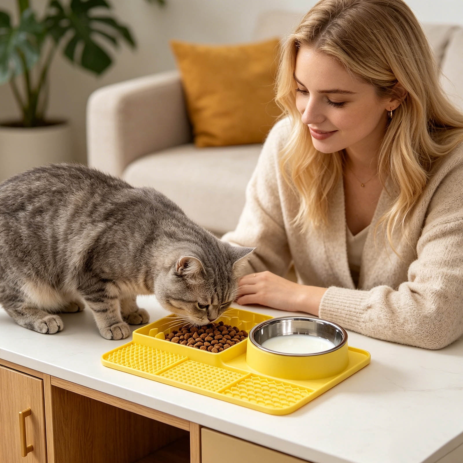 Licking Pad 5âInâ1 Silicone Slow Feeding Mat Suction Cup Antiâ Feeder Detachable Stainless Steel Bowl StressâRelief Set For Cats Dogs Puppies Daily Use 13.0 x 9.8 in Yellow