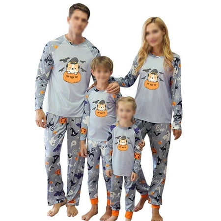 

Haite Mommy Dad Child Pumpkin Print Striped Nightwear Casual Long Sleeve Halloween PJ Sets Party Tops And Pants Crew Neck Sleepwear Style H Mom -S