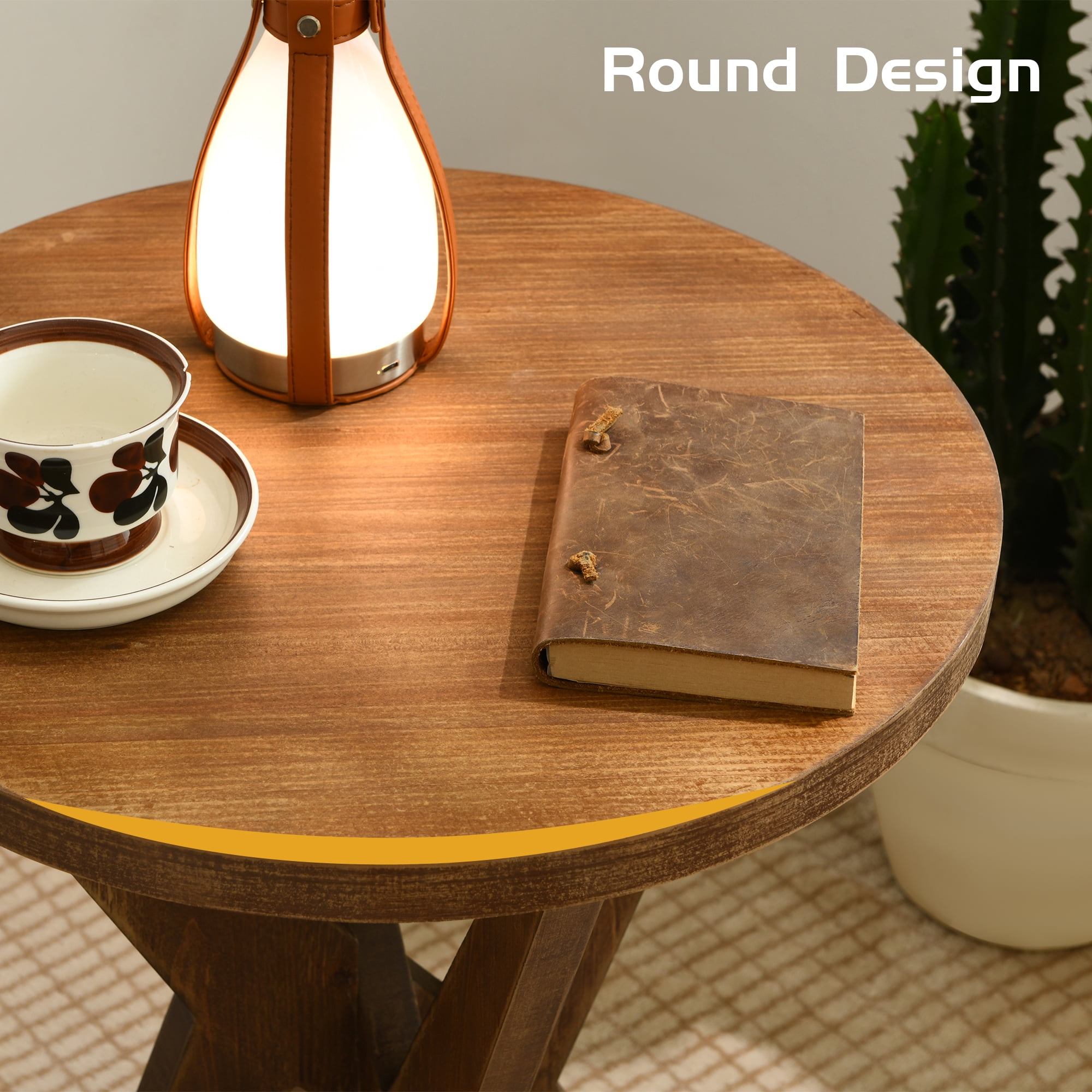 Set of 2 Round End Table 24'' High Side Table with Cross Legs, Mid Century Modern Accent Bedside Table for Living Room, Balcony, Bedroom or Small Spaces, Raw Walnut