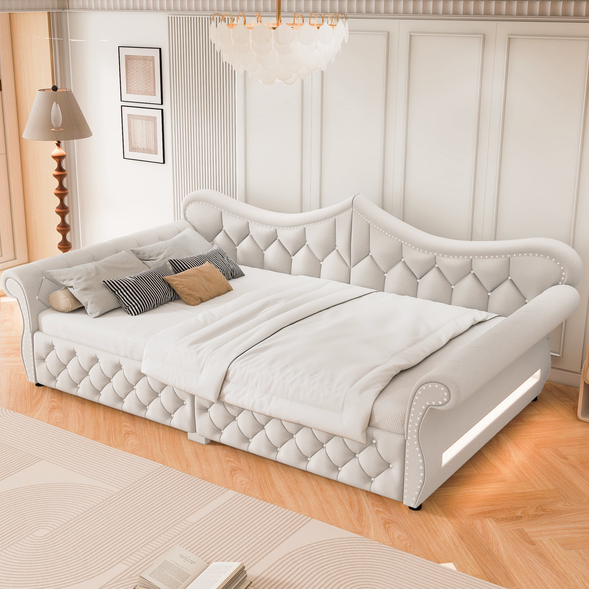 Euroco Upholstery Queen Size Daybed, Sofa Bed with LED Light, Beige