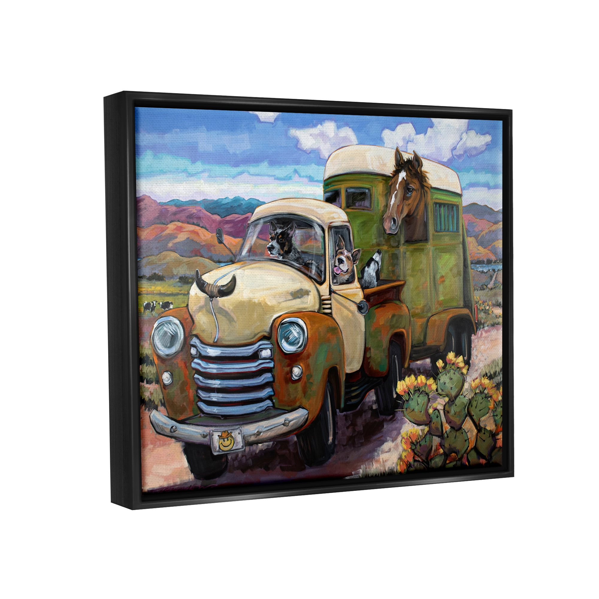 Stupell Industries Dogs Driving Vintage Rustic Truck with Horse Trolley Jet Black Framed Floating Canvas Wall Art, 16x20, by CR Townsend