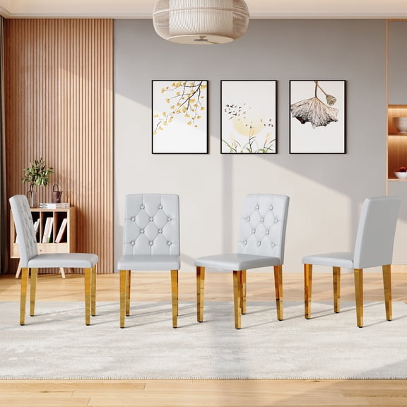 Youmumeub Commercial Light Gray PU Dining Chairs Set of 4 for Restaurants & Banquet Halls — Ergonomic Buckle Back, Plush 17.7" Seat, Gold Metal Legs, Adjustable Feet, Easy Assembly