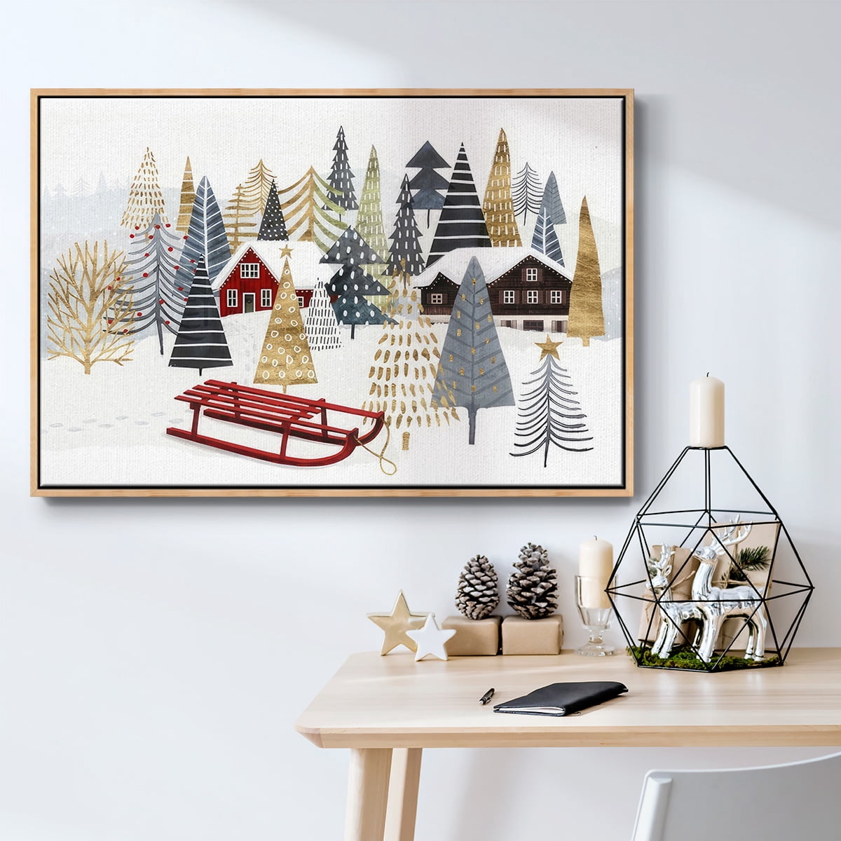 Christmas Chalet Collection A - Framed Gallery Wrapped Holiday Canvas - 25 x 37 - Natural Wood Frame