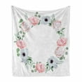 thumbnail image 1 of Anemone Flower Soft Flannel Fleece Throw Blanket, Delicate Peony Rose Brunia Eucalyptus Leaves Round Wreath, Cozy Plush for Indoor and Outdoor Use, 60" x 80", Almond Green Pale Pink, by Ambesonne, 1 of 6