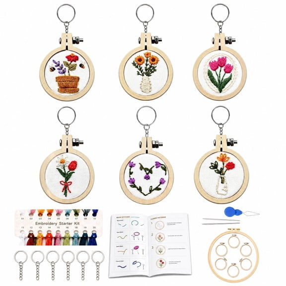 6 PCS Mini DIY Embroidery Kits for Beginners Adults,Flower Hand Embroidery Starter Kit with 7 Embroidery Hoops for DIY Handmade Ornaments Gift, Birthday, Craft Party