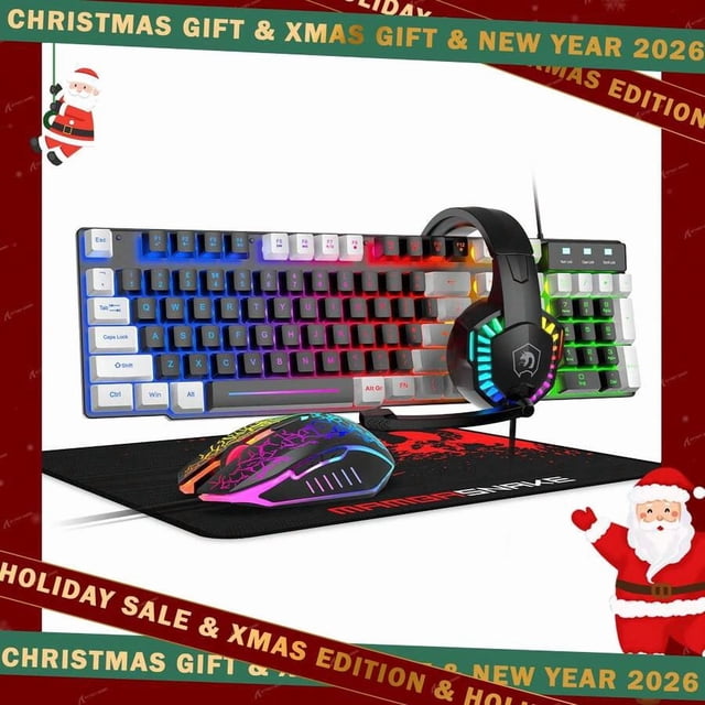 Ensemble de Clavier et Souris de Jeu Filaire, Clavier Filaire Rétroéclairé à DEL Arc-en-Ciel, Écouteurs avec Microphone, Souris de Jeu Rétroéclairée Arc-en-Ciel, Tapis de Souris, Compatible avec PC et Portable, Noir et Blanc
