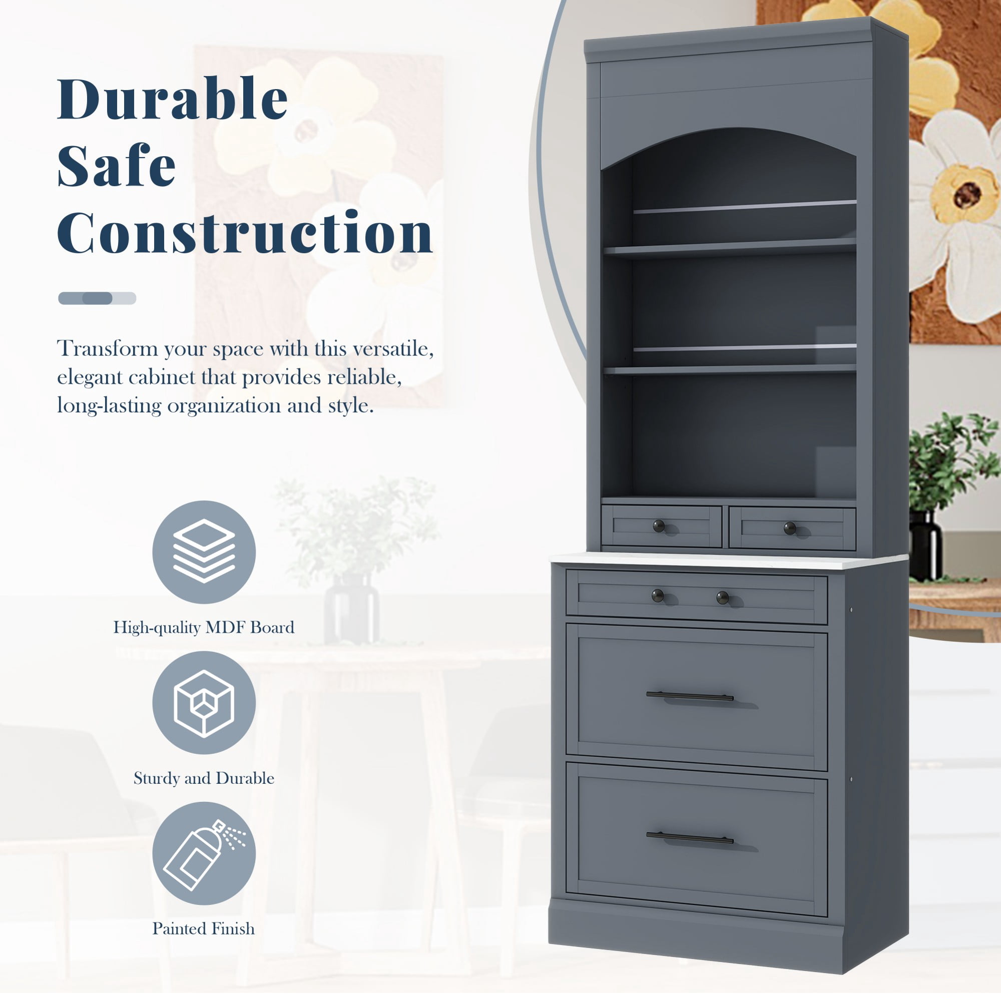 Modern 83.7inch High Kitchen Pantry, Freestanding Tall Kitchen Hutch with Faux Marble Top, Display Cupboard Cabinet with 5 Storage Drawers and Adjustable Shelf (Gray)