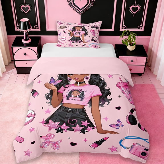 Erosebridal Cute Black Girls Twin Bedding,Kids Lipstick Cosmetics Pink Sequin Print Stars Duvet Cover Set,Reversible Pink 2 Pieces,No Comforter