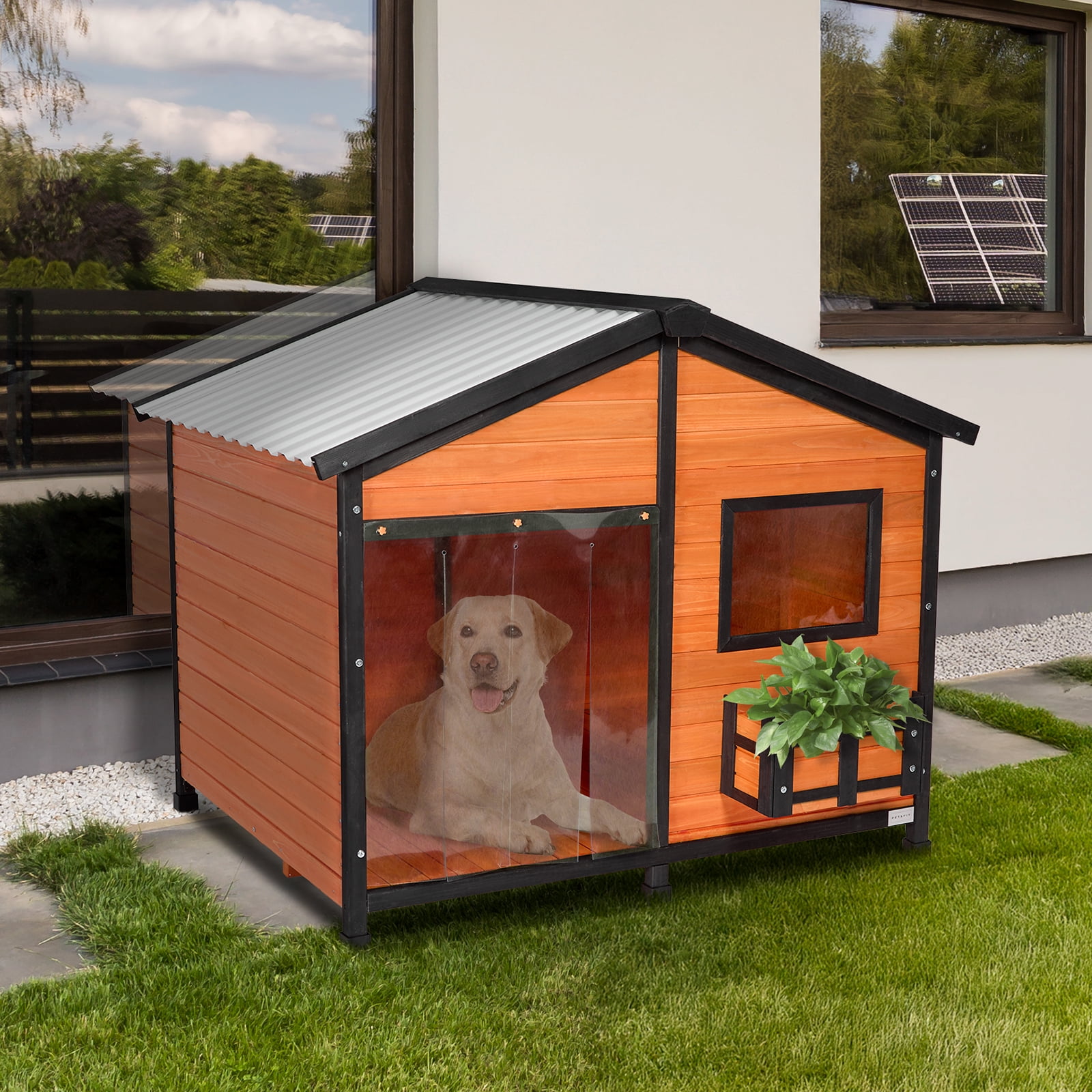 Petsfit Outdoor Dog House with Waterproof PVC Roof Removable Floor, Extra Large Wooden Dog House for 2 Medium Dogs, XXL Dog Houses with Window, Orange 47"