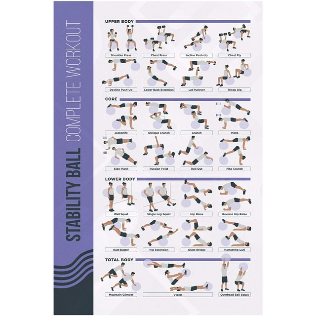FitMate Stability Ball Workout Exercise Poster - Workout Routine with Free Weights, Home Gym Decor, Room Guide (16.5 x 25 Inch)