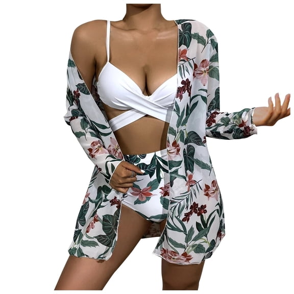 DOPI Women's Fashion Printing Sexy Bikini Three Piece Mesh Split Swimsuit Beach Suit