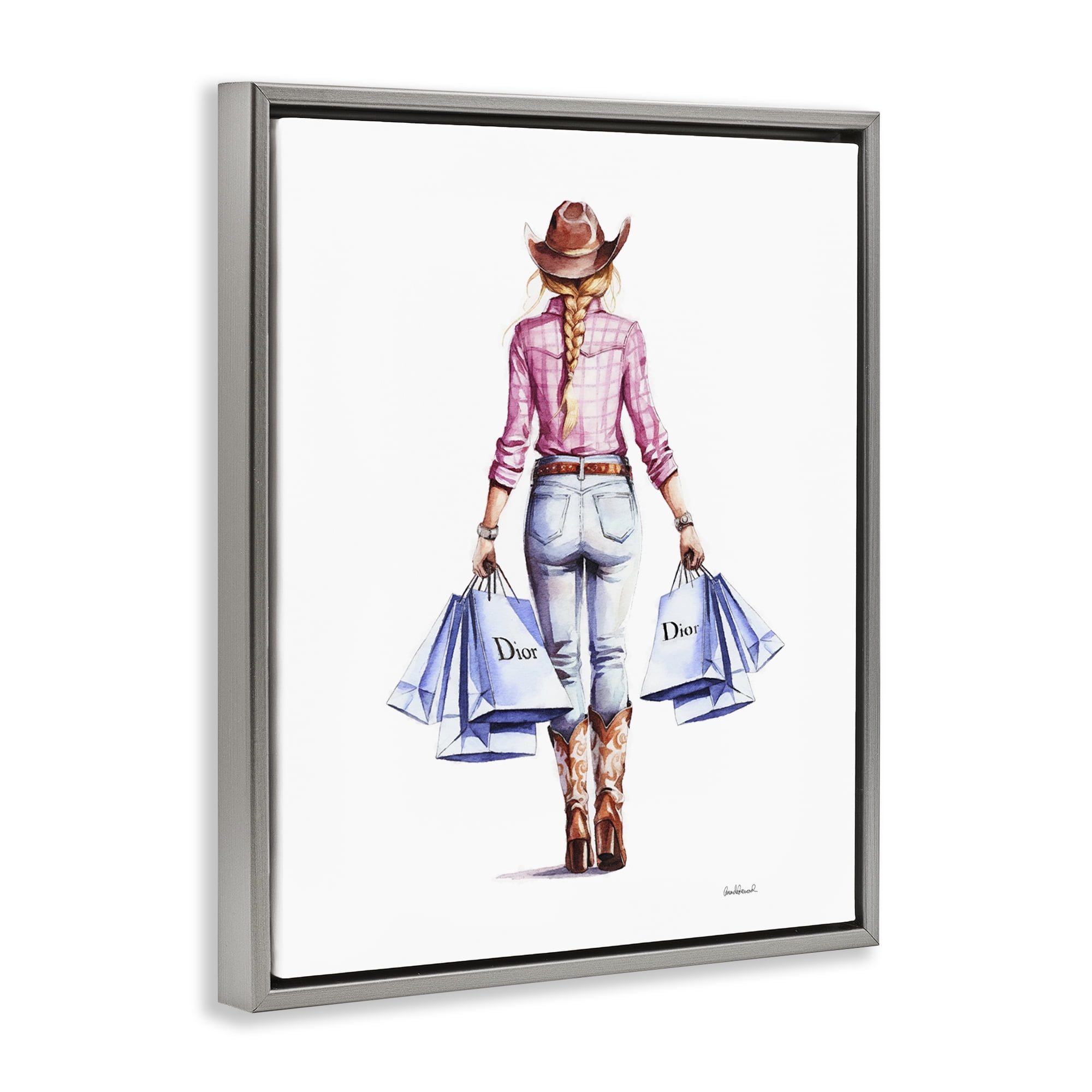 Stupell Industries Glam Cowgirl Pink Plaid People Painting Gray Floater Framed Canvas Art Print Wall Art, 25 x 31