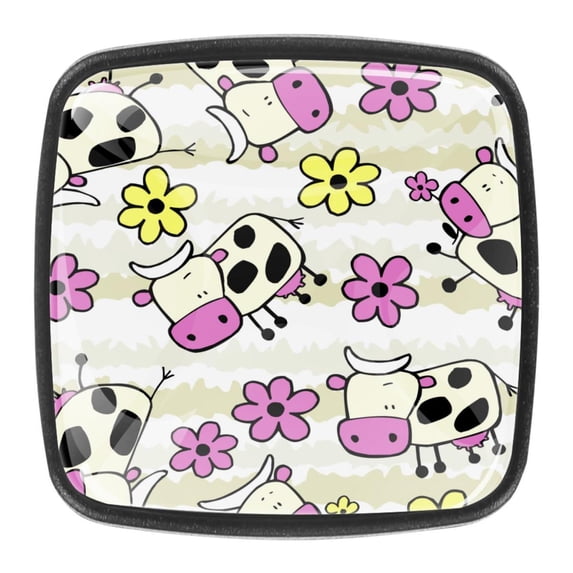 4 Pcs Square Cabinet Handle Cupboard Knob Drawer Pulls Handle Cows and Flowers Drawer Knobs with Screws Furniture Decoration