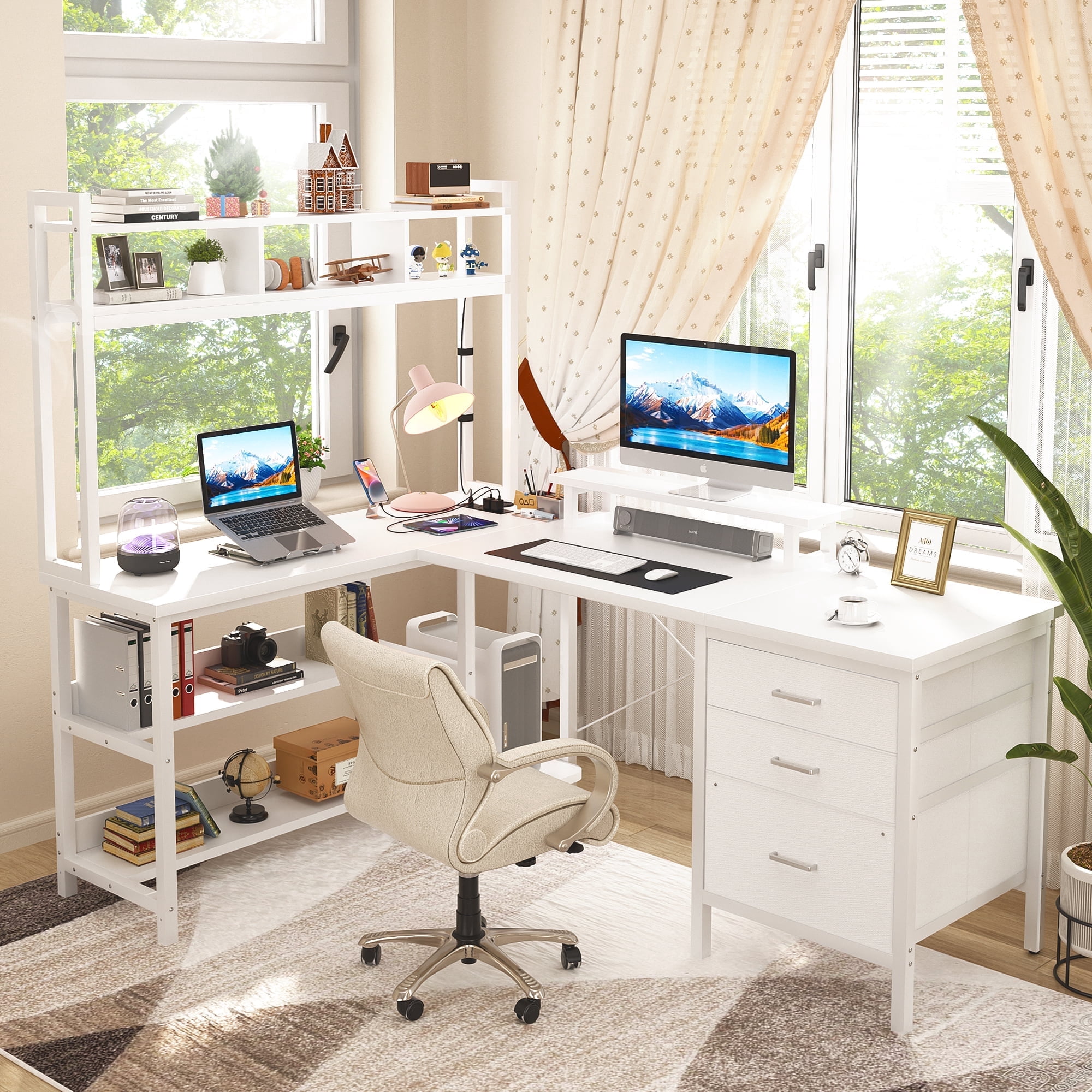 iSunirm L Shaped Gaming Desk with Storage, Computer Gaming Desk with LED Lights & Hutch, Reversible Computer Desk with Power Outlet, Corner Desk with Drawers, Shelves for Home, White