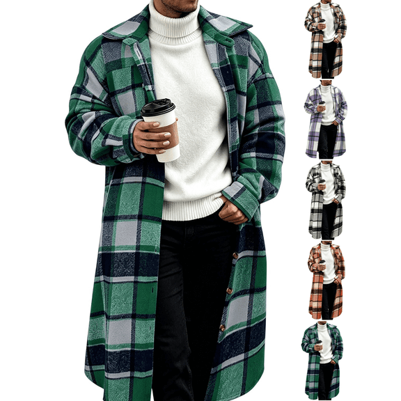 Xdegoge Long Plaid Coat Mens Casual Button Down Shacket Jacket Winter Warm Trench Coat Relaxed Fit Flannel Overcoat Outerwear for Fall Cold Weather Daily Use