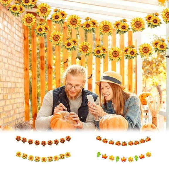 Thanksgiving Banner Decorations Set of 2 | Fall Garland with Pumpkins Sunflowers Maple Leaves Turkeys | Paper Hanging Decor for Home Party | 1.5m Each | Orange | Versatile Holiday Display
