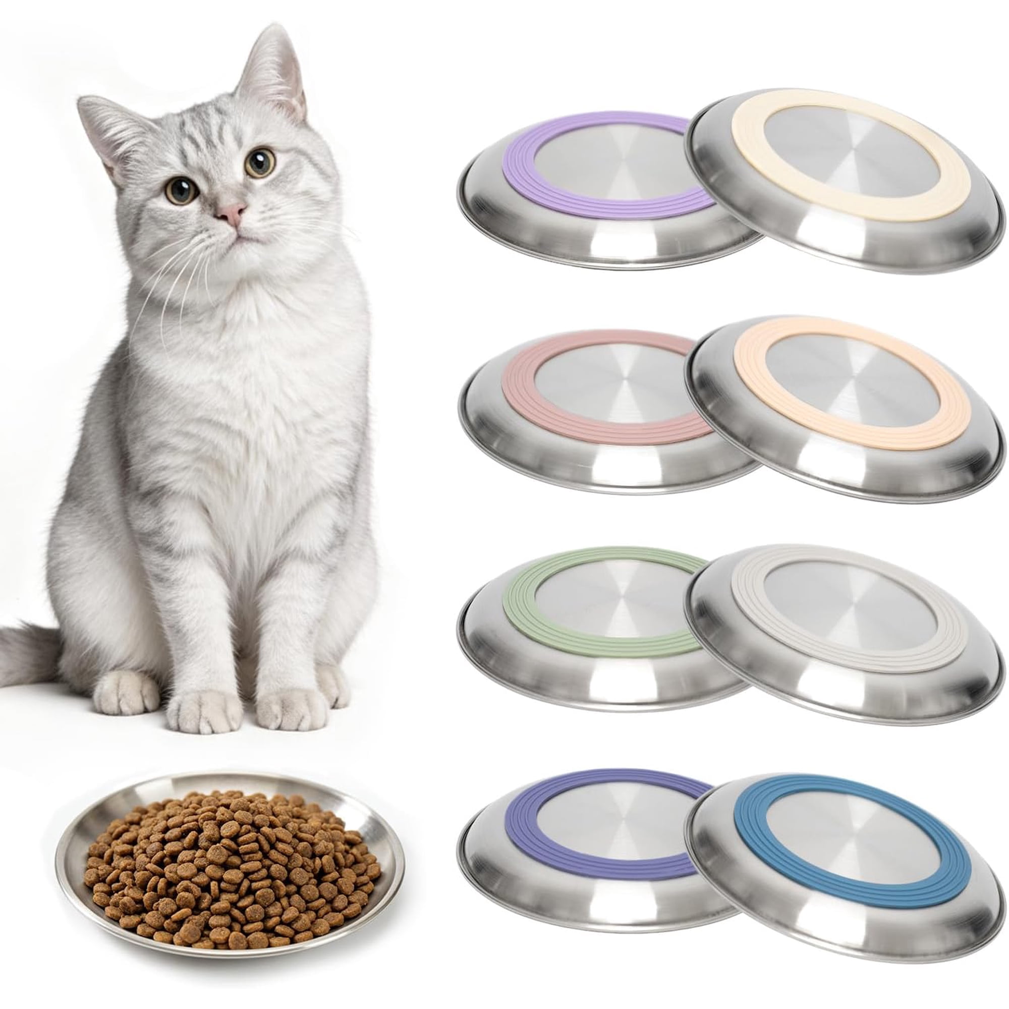 8-Pack Stainless Steel Cat Food Bowls, Shallow Whisker-Friendly Metal Dishes with Non-Slip Silicone Base, Easy Clean for Cats, Kittens & Small Dogs