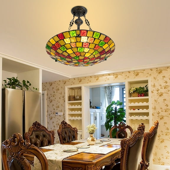 Miumaeov 20" Stained Glass Ceiling Pendant Antique 5 Lights Hanging Lamp with Adjustable Height for Living Room Kitchen Entryway Bedroom Hotel Bar