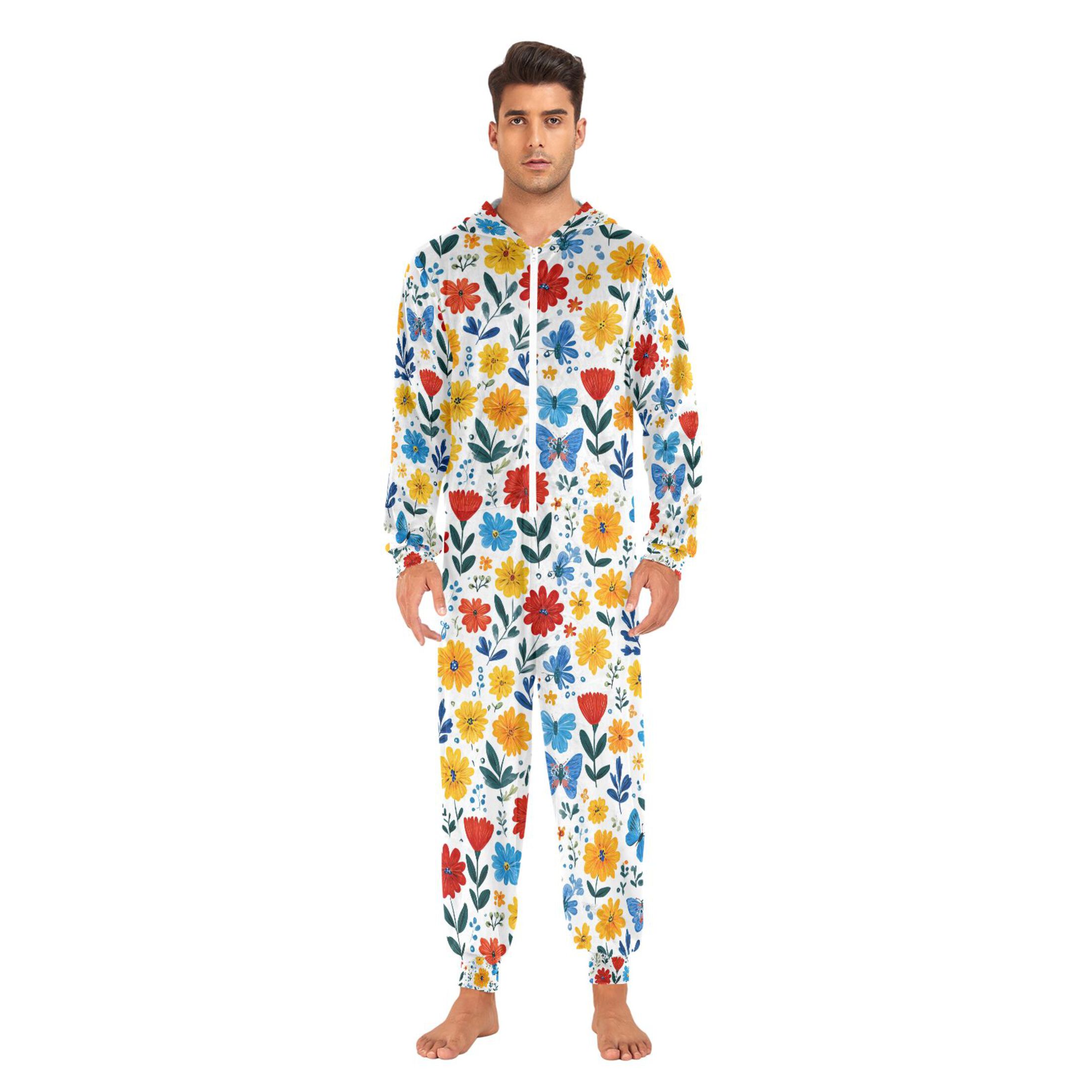 Adult Christmas Onesie Watercolor Flowers Adult Zipper One-Piece Pajamas Unisex Pajamas with Pockets