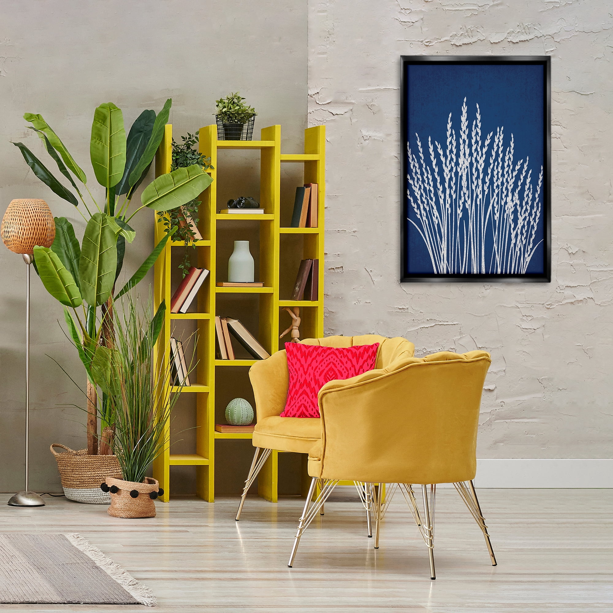Stupell Industries Reed Grasses on Blue Plants & Flowers Painting Black Floater Framed Canvas Art Print Wall Art, 21 x 31