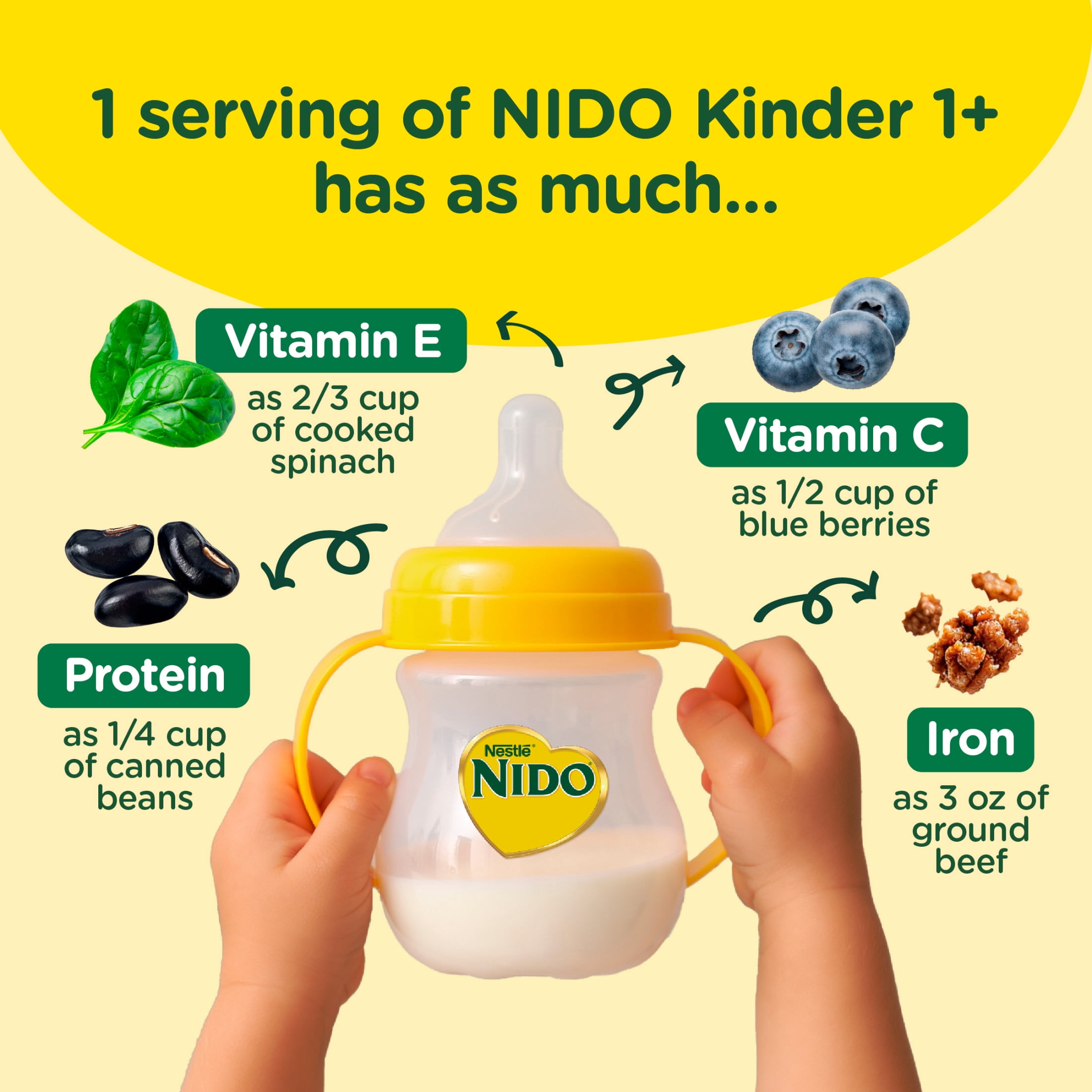 NIDO Kinder 1+ Powder Beverage Mix, Immunity Toddler Milk with Vitamins A, C, D, Iron to Support Growth, 56.3 oz Canister