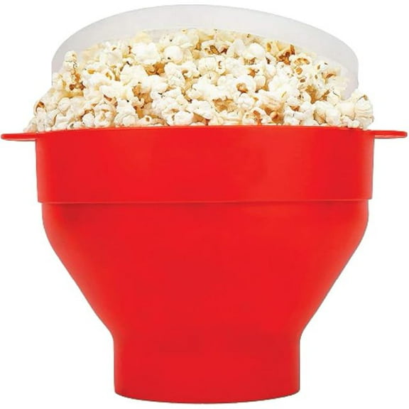 Microwave Popcorn Popper with Lids - Silicone - No Oil or Butter Required - Collapsible Bowls - BPA-Free Container - Movie Night Supplies - Red
