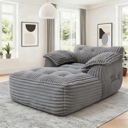 Reliancer 67.7" Oversized Chaise Lounge Chair Indoor, Faux Fur Upholstered Boneless Sofa Bed, Deep Seat Sleeper Couch Reading Chairs with Armrest, Cloud Sofas Couches for Living Room, Light Gray