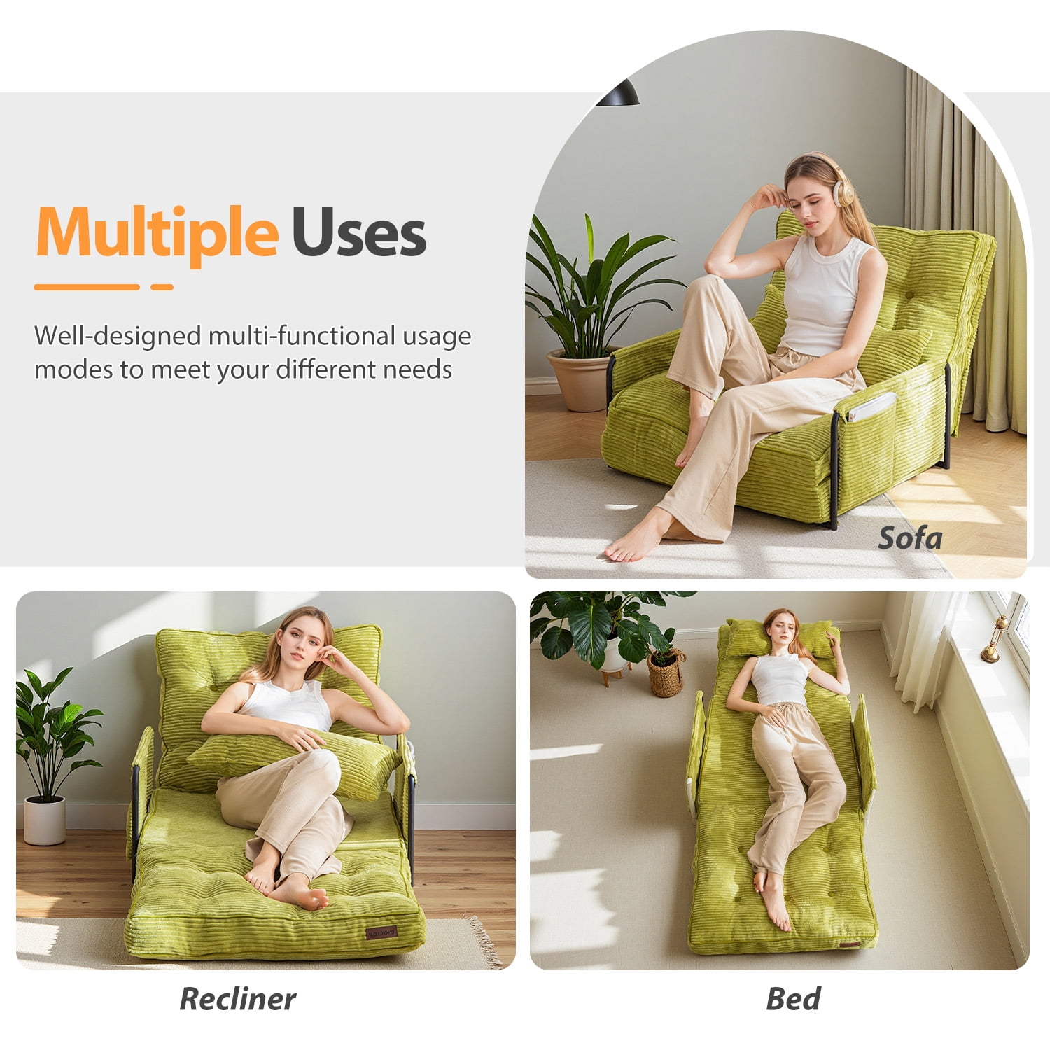 GOODONE Convertible Floor Sofa,Bean Bag Sofa with Pillows,Multifunctional Lazy Sofa with Pillows,Adult Reading Chair,Suitable for Bedroom or Living Room,Green,Single