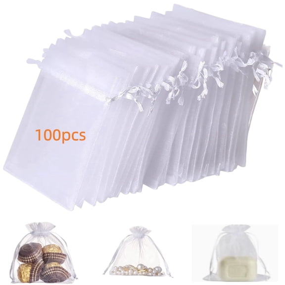 Sheer Organza Gift Bags 100 Pack, 4x6 Inch White Drawstring Mesh Gift Bags for Jewelry, Wedding & Party Favors