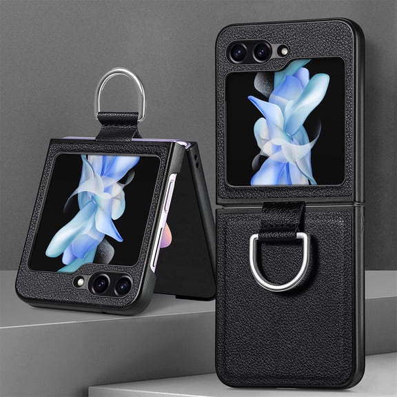 Cases for Samsung Galaxy Z Flip 6 Case with Ring, Hard PC   Luxury PU Leather Shockproof Protective Phone Cover Compatible with Samsung Galaxy Z Flip 6, Black