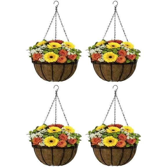 Sorbus 14" Metal Hanging Planter - 4 Pack with Coco Coir Liner for Indoor/Outdoor Decor (Black)