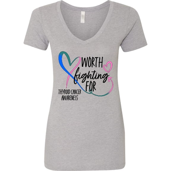Inktastic Thyroid Cancer Awareness Pink, Blue, Teal Heart Ribbon Women's V-Neck T-Shirt