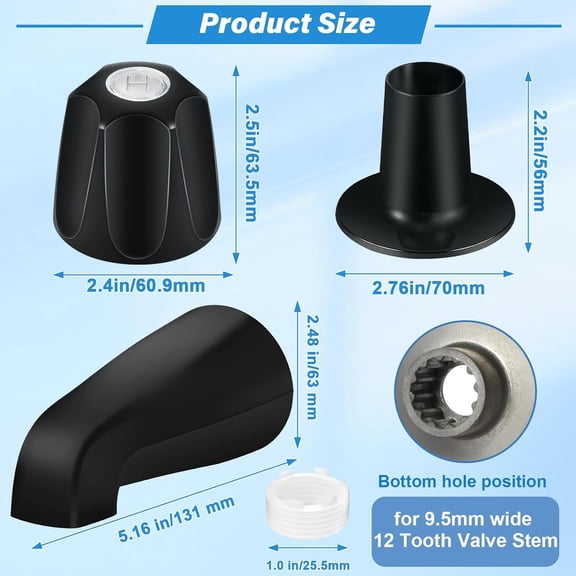 Tub Shower Trim Kit, Matte Black 3 Piece Shower Knob and Bath Tub Spout, for Price/Pfister Verve 3 Handles and Tub Shower Faucet, for 1/2'' Pipe MALE Thread Connection, 3/4'' IPS Pipe Inside Thread