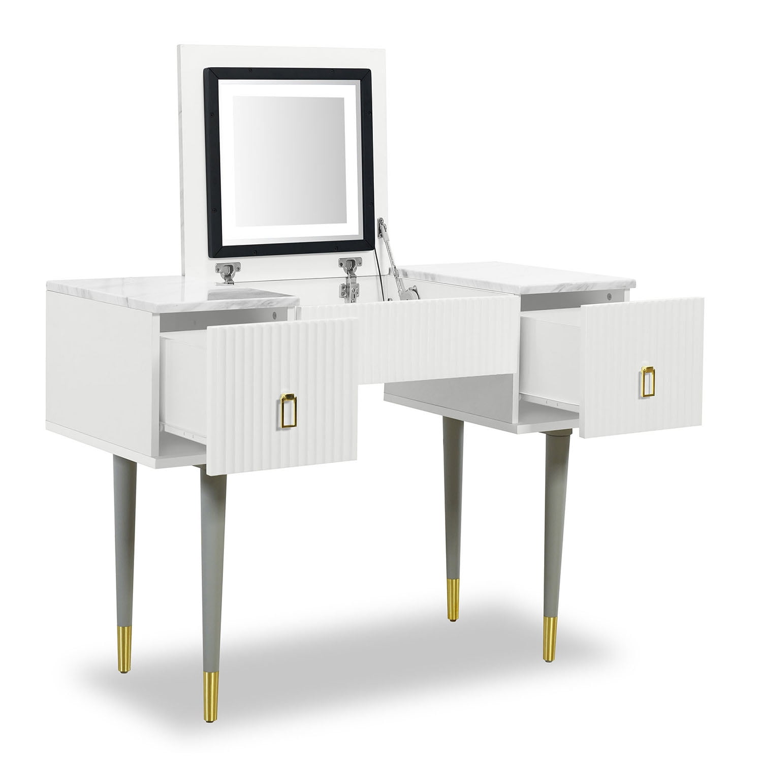 Resenkos 43.3" Modern Vanity Table Set with Flip-top Mirror and LED Light, Dressing Table with Customizable Storage, White and Gray