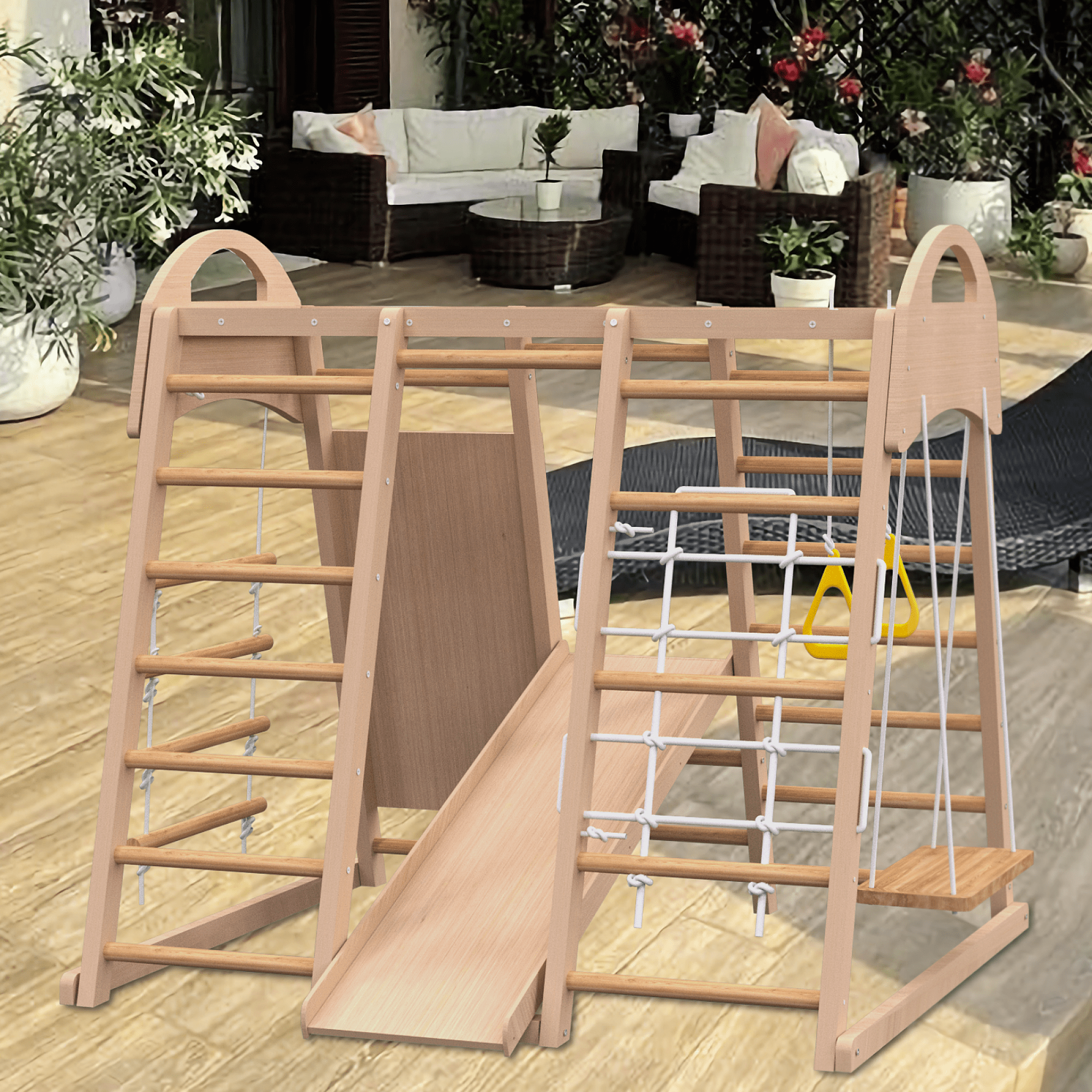 7-in-1 Indoor Jungle Gym, Indoor Playground for Kids,Wooden Montessori Climber Playset withfor Slide, Climbing Wall, Rope Wall Climber, Monkey Bars, Swing