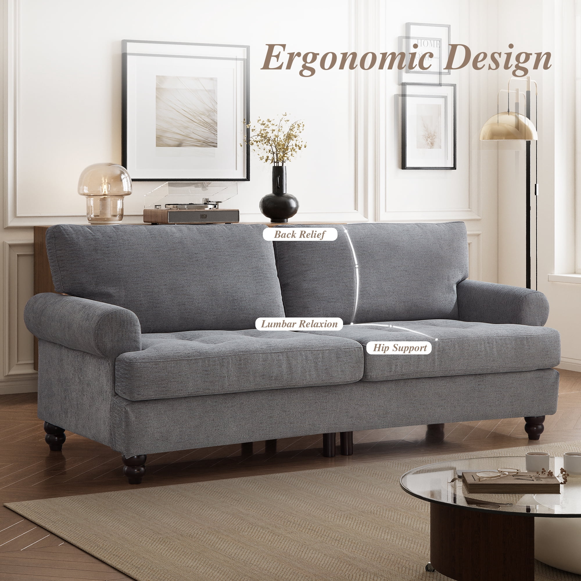 Me'on 81" Rolled Arm Sofa Couch with Storage, Mid Century Modern Decor Upholstered Couches for Living Room, Button Tufted Loveseat for Bedroom, Blue