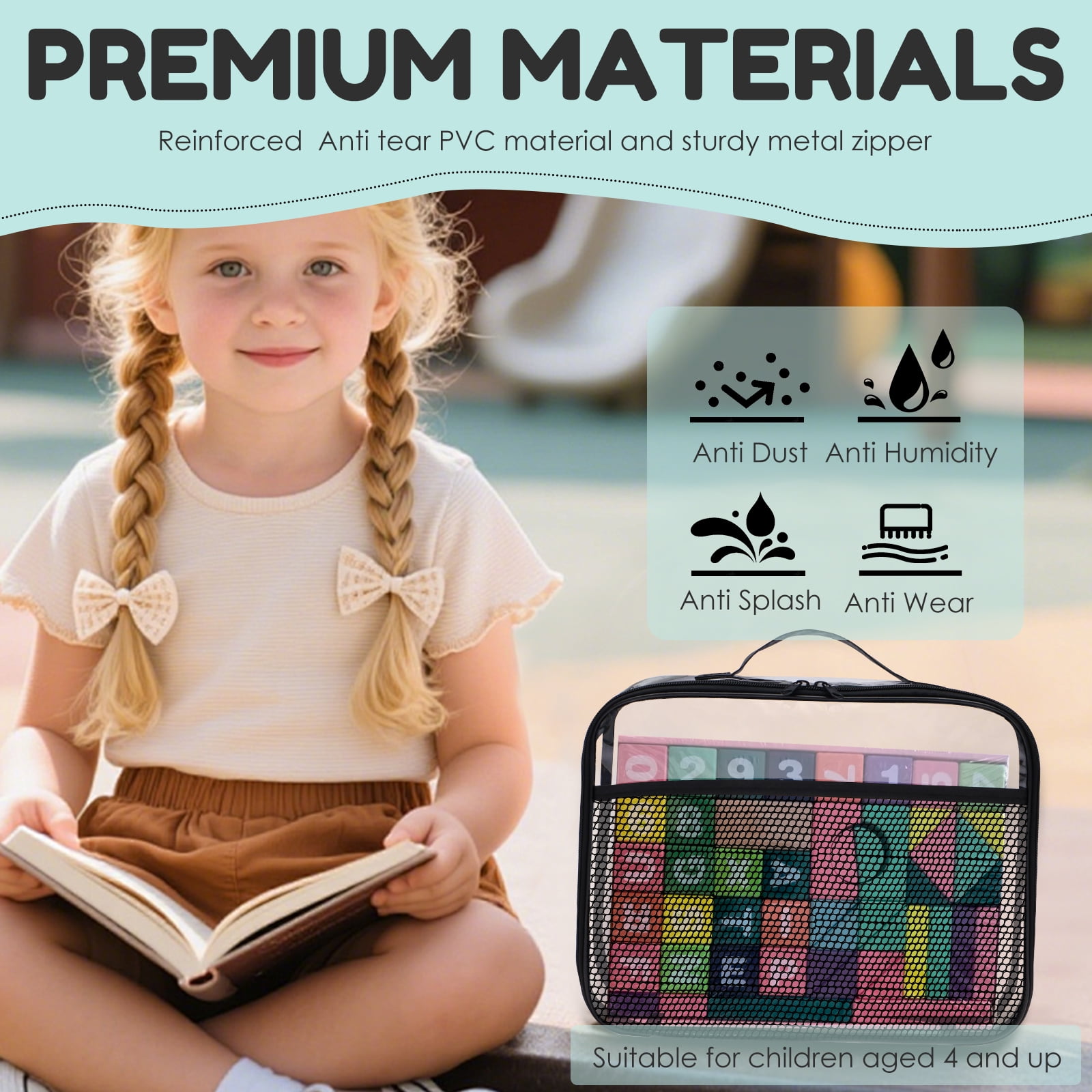 Grusce 4 Packs PVC Zippered Blocks Set Toy Storage Bag, Durable Waterproof Foldable Organizer, Board game Storage Organizer Case, Portable Playroom Cleanup Solution for Toys, Books, Art Supplies