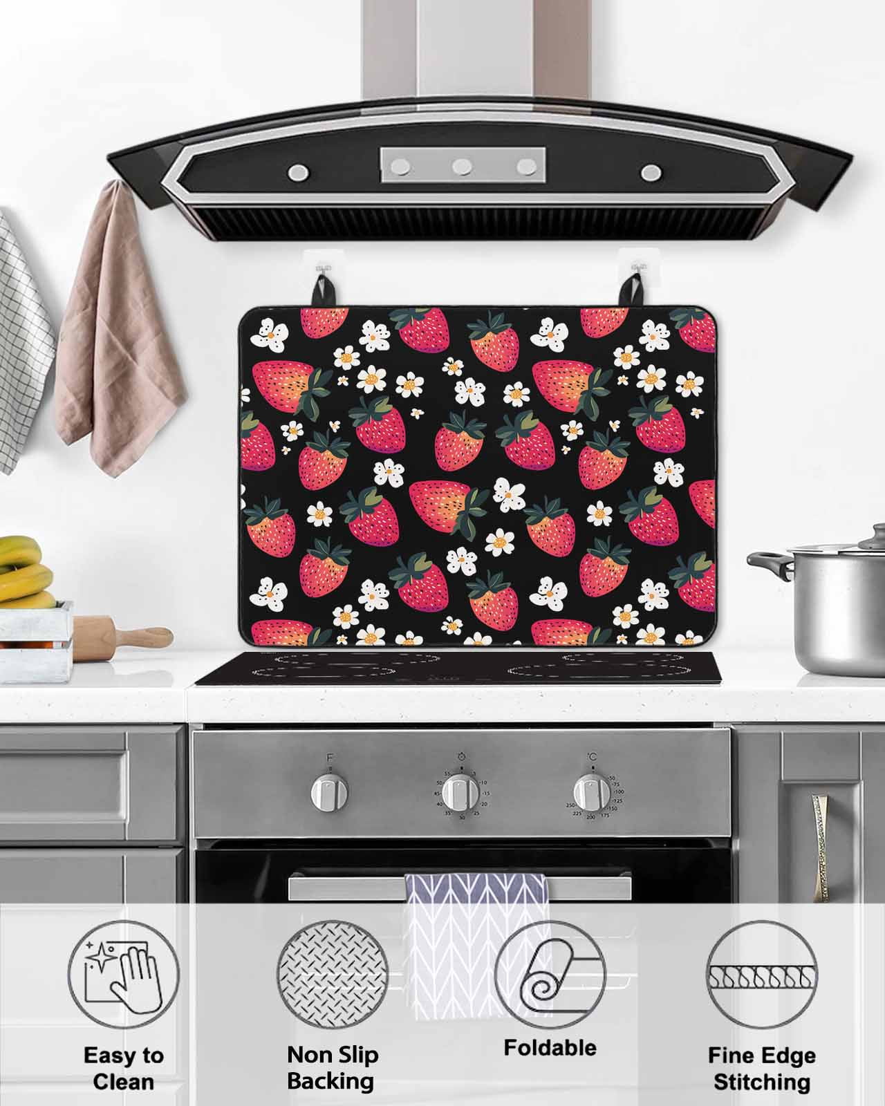 nqOlkjepod Large Induction Cooktop Protector Mat 24"x21", Strawberry Stove Top Covers for Electric Stove, Black Spring Summer Rustic Floral Fruit Stove Burner Cover Mats, Glass Top Stove Cover