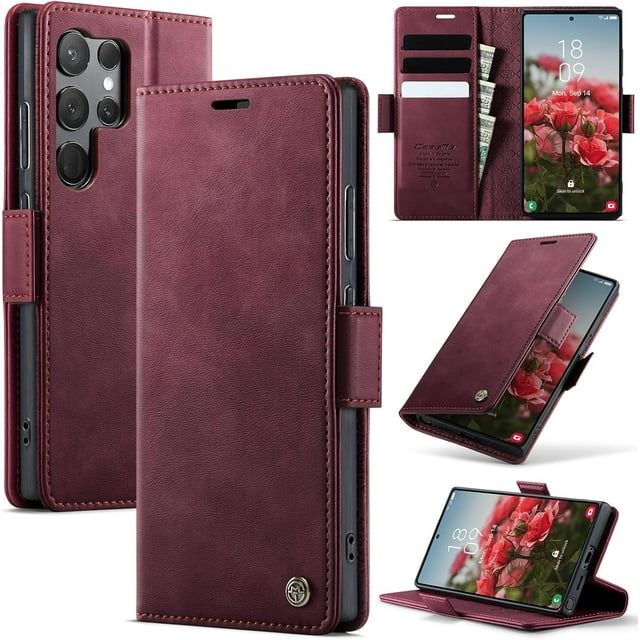 Wallet Case for Samsung Galaxy S23 Ultra Leather Wallet Flip Cover with Card Holder, Kickstand, Magnetic Closure, RFID Blocking TPU Shockproof Phone Case Compatible with S23 Ultra