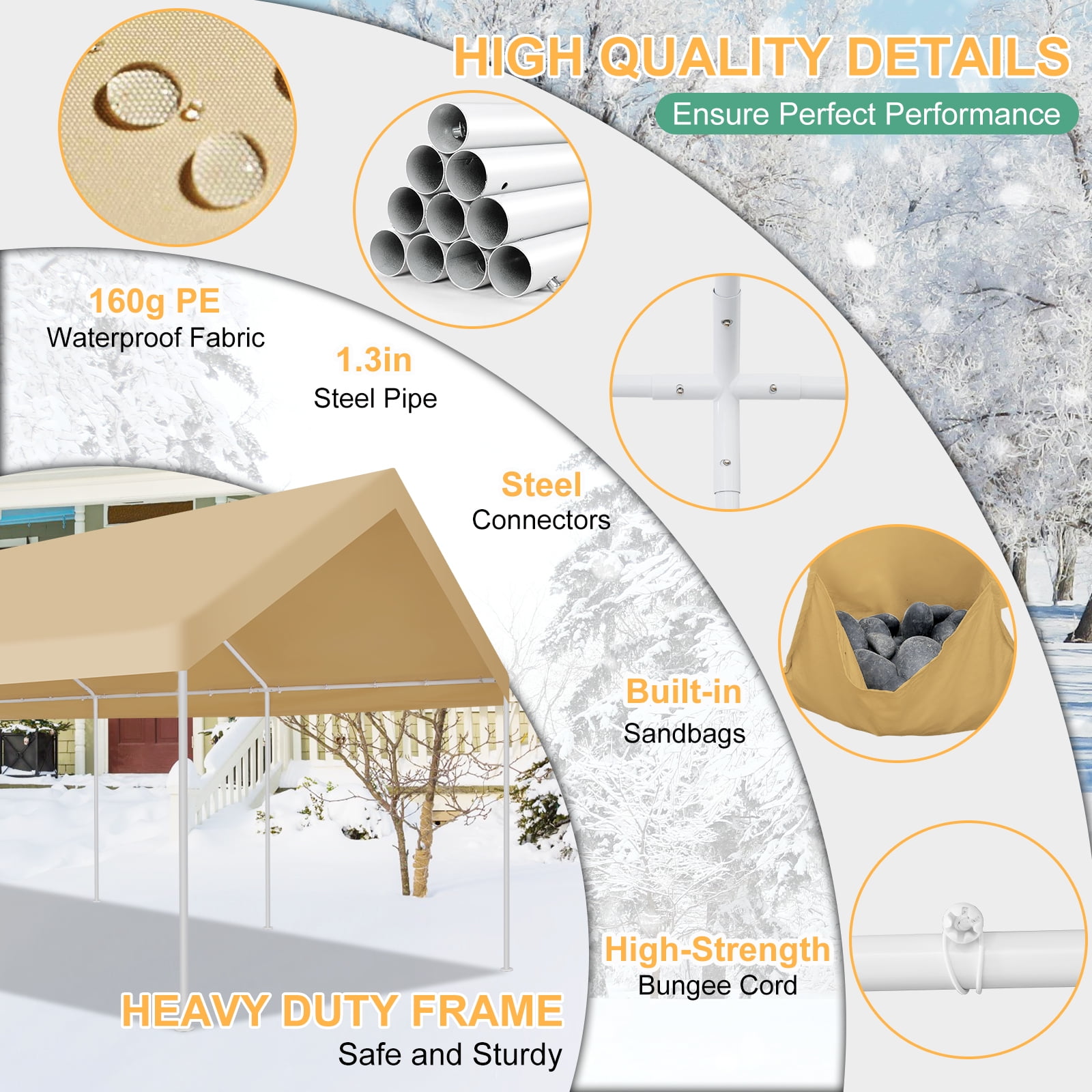 COBIZI 12x20ft Carport Heavy Duty, Portable Car Garage with Built-in Sandbags, Waterproof Car Canopy for Truck, Boat, SUV with All-season Tarp, Khaki