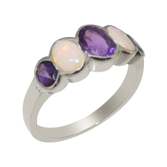 LBG British Made 925 Sterling Silver Natural Amethyst & Opal Womens Band Ring - 33 size options - Size 10