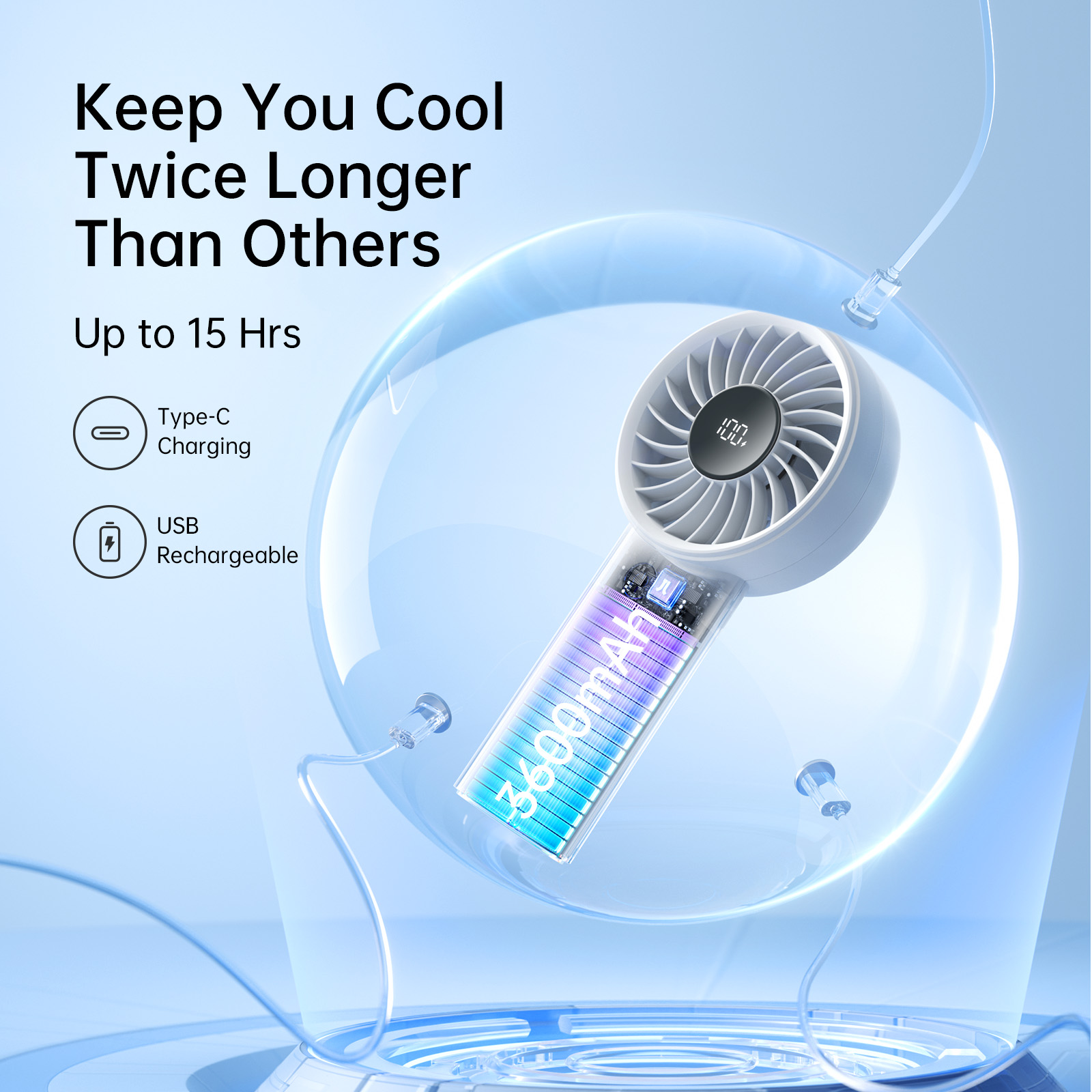 JISULIFE Handheld Fan - 5-Speed LED Display & 5000mAh Battery, USB-C Rechargeable with Lanyard, Compact Cooling for Travel/Beach/Makeup