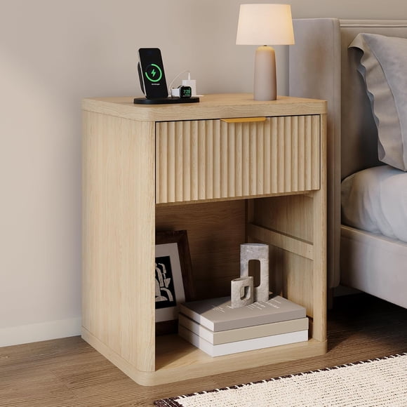 Fluted Nightstand with Charging Station, Bedside Table with Drawers and Open Storage Space, Metal Handles and Rounded Corners for Safety, Side Tables, End Table Bedroom
