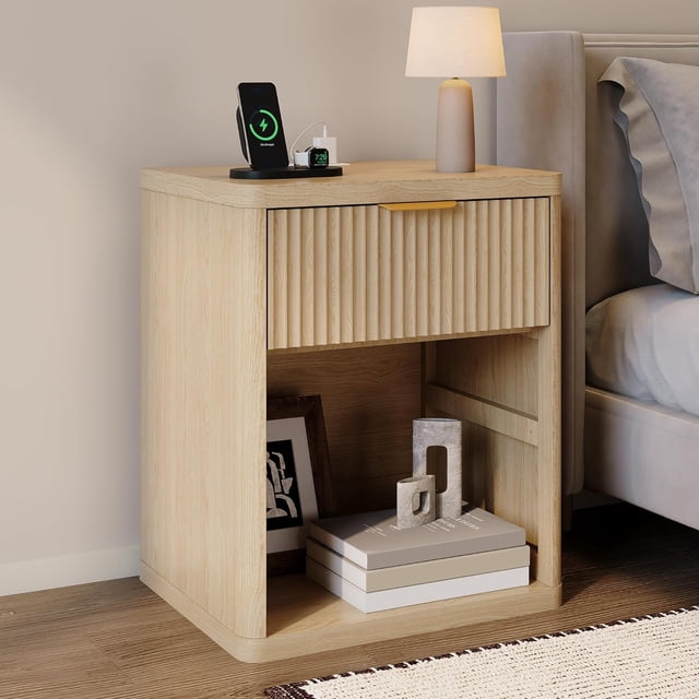 Fluted Nightstand with Charging Station, Bedside Table with Drawers and Open Storage Space, Metal Handles and Rounded Corners for Safety, Side Tables, End Table Bedroom