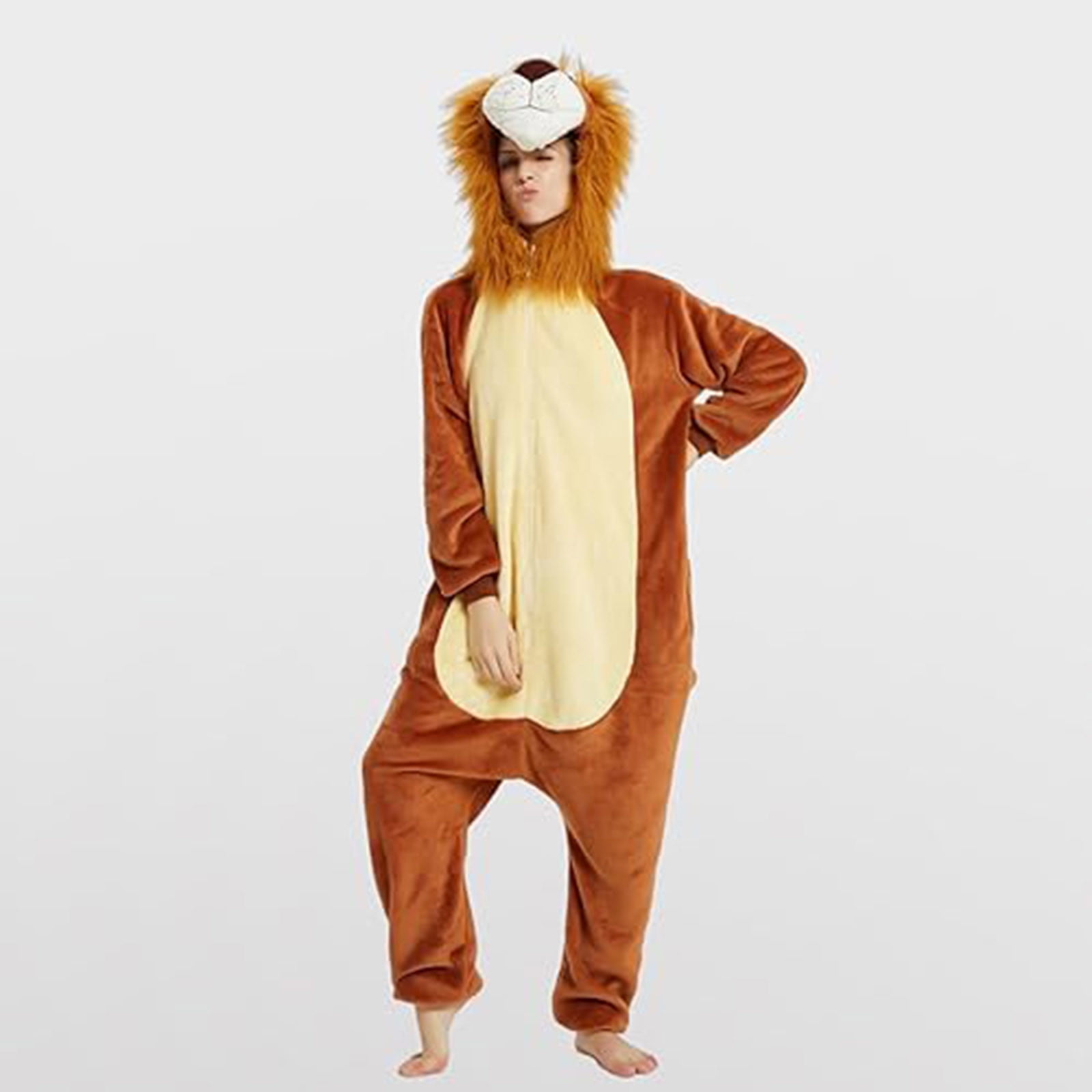 Fjofpr Pajamas Jumpsuits for Women Plus Size Fleece Fluffy Sleepwear Zip up Hooded Plush Rompers Cute Lion One Piece Pajamas Hooded Long-sleeved Pajamas Home Clothing Pajamas Brown S