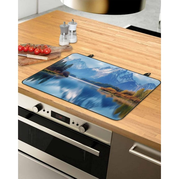 nqOlkjepod Large Induction Cooktop Protector Mat 24"x21", Blue Mountain Stove Top Covers for Electric Stove, Modern Art Farmhouse Forest Decorative Stove Burner Cover Mats, Glass Top Stove Cover