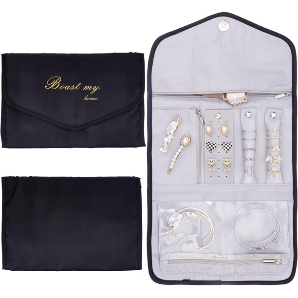 Estuche enrollable para joyas de viaje, color negro. Organizador de joyas plegable. Bolsa de almacenamiento de joyas para viajes. Estuche organizador de joyas portátil.