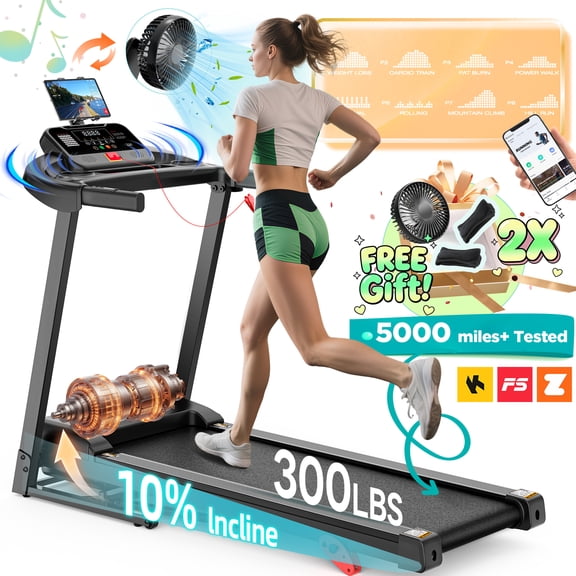 Folding Electric Treadmill for Home, Compact Running Machine with 3HP Motor, 300 Lbs Capacity, 3-Level Adjustable Incline, Up to 7.5 MPH, Quiet Brushless Motor, 64 Preset Programs, Space-Saving Fitne