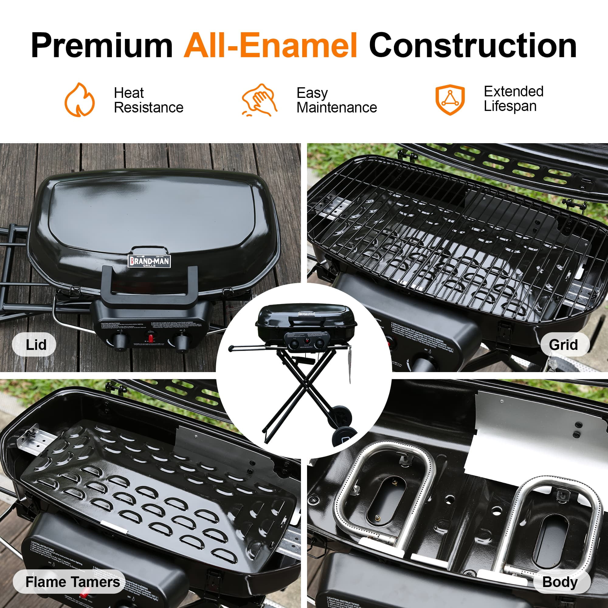 Portable 2-Burner Propane Gas Grill, Foldable and Stand-up for Backyard Cooking - Brand-Man Grills, Black