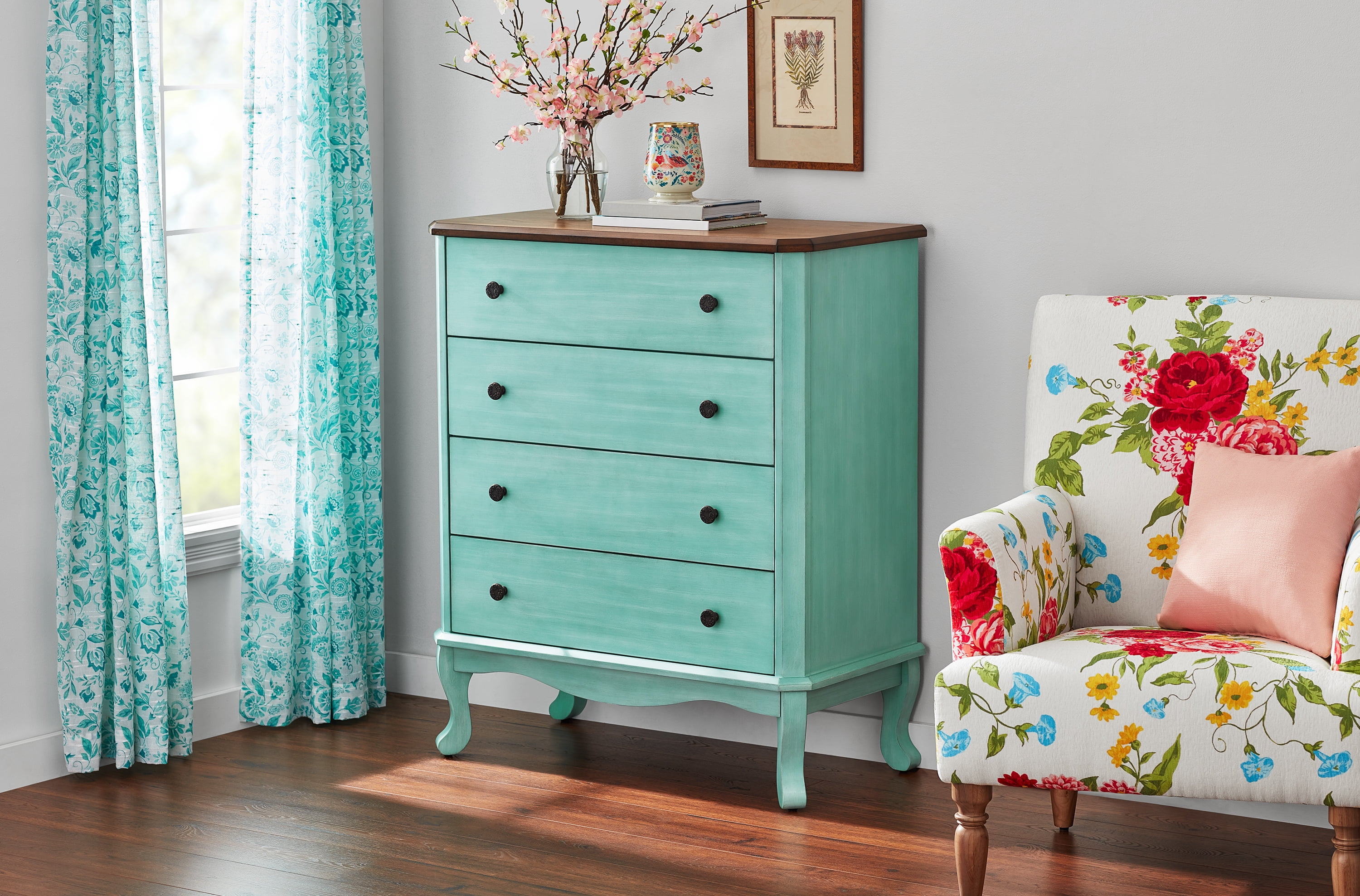 The Pioneer Woman 4-Drawer Dresser Made With Solid Wood Frame, Teal